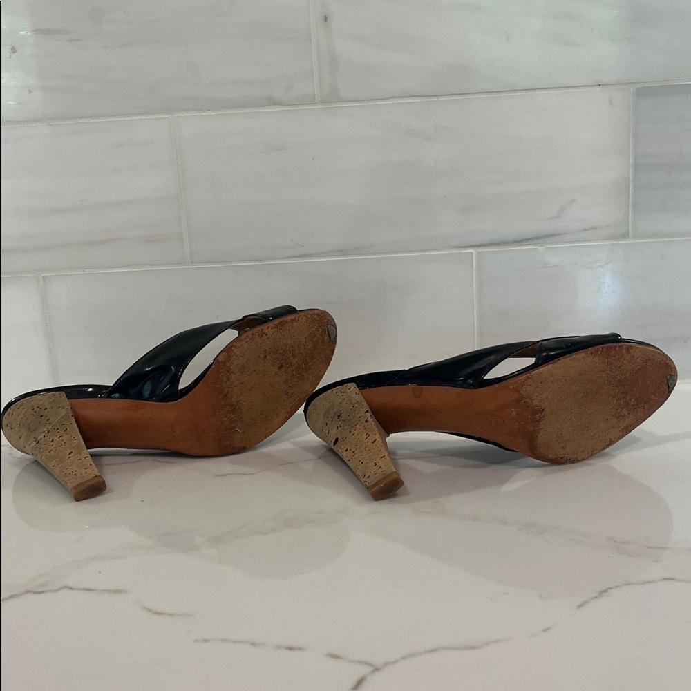 Charles Jourdan Vintage Black Patent Leather Cork Heels Sandals Mules - Picture 9 of 11